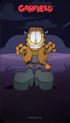 garfield the cat is holding his hands up in front of an evil looking sky background