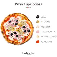 a pizza with different toppings is shown in this advertisement for tastella's pizzeria capriccioa italy