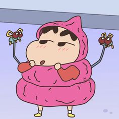 a cartoon character in a pink blanket holding two small flowers and looking at the camera