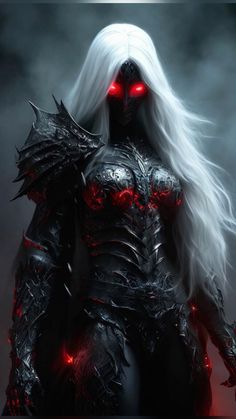 a woman with long white hair and red eyes in the dark knight armor, holding two swords