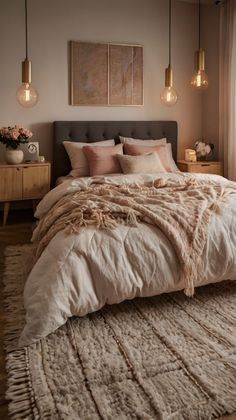 a bedroom with a large bed covered in blankets and throw pillows, along with two lamps hanging from the ceiling