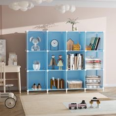 a child's room with toys and bookshelves