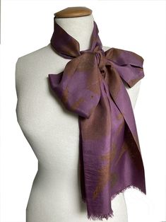 The Scarf is Hand Dyed and is completely Unique.  This scarf from the most gorgeous and luxurious  100% silk Habotai 8. The Silk  was Eco Printed with cochineal pigments, leaves . It will add a special Touch to any Outfit: Casual or Smart. It is very soft and light and can be a great Gift for Yourself or another Person.  The wrap measure: 200 x 14 cm / 78,7" x 5,5"  Care and Handling: Handwash at 30C [86F]. Use mild soaps. Do not tumble dry. Avoid direct sunlight when drying. Iron on low heat or Purple Silk Scarf, Silk Scarf Hair, Scarf Hair, Hair Scarf, Eco Printing, Purple Silk, Scarf Hairstyles, Silk Scarf, Hand Dyeing