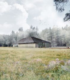 an artist's rendering of a house in the middle of a field with trees