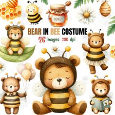 bear in bee costume clipart set with honey and bees on white background for commercial use