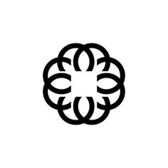 a black and white logo with an abstract flower in the center, on a white background