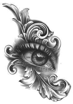 an eye with ornate designs on it and a clock in the center is drawn by hand