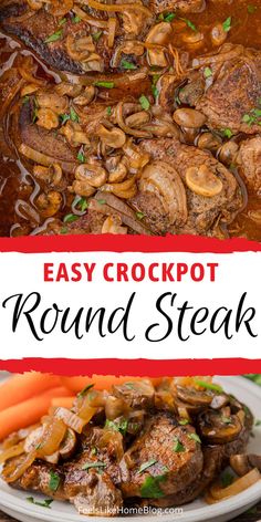 A hearty slow-cooked beef round steak topped with mushrooms and onions in a savory sauce, featuring an easy crockpot round steak recipe perfect for a low carb, keto-friendly, and healthy steak dinner, ideal for crockpot meals with steak and smothered steak recipes with the title “easy crockpot round steak” Steak And Mushrooms Crockpot, Crockpot Petite Sirloin Steak, Ribeye In Crockpot, Steak In Crockpot Recipes, Crockpot Sirloin Steak Recipes, Crockpot Ribeye, Chuck Steak Recipes Crockpot, Sirloin Steak Recipes Crockpot, Crockpot Ribeye Steak Recipes