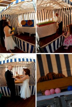 the bride and groom are getting ready to cut their wedding cake in a tented area