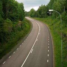 an empty road in the middle of a wooded area with street lights on either side