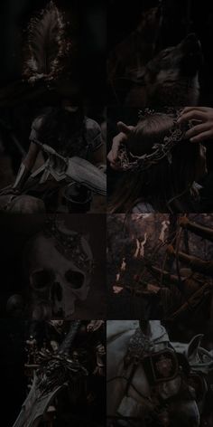 a collage of skulls and other items in the dark, with one person holding a knife