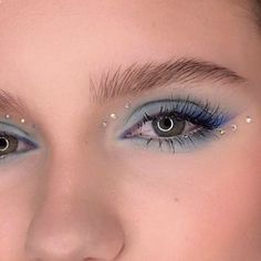 Gem Ideas For Face, Eye Make Up Gems, Gems Face Makeup, Make Up Ideas With Rhinestones, Concert Face Gems, Face Gems Eye Makeup, Eras Tour Eye Gems, Gems Around Eyes