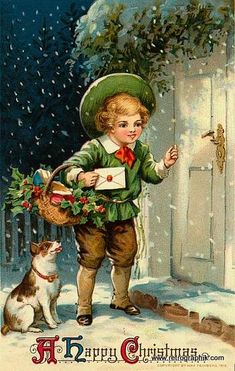 an old fashioned christmas card with a boy and his dog