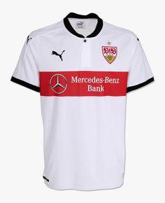 a white shirt with red and black stripes on the chest, which reads mercedes - benz bank