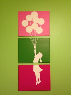 three pieces of paper with the silhouettes of two people holding balloons