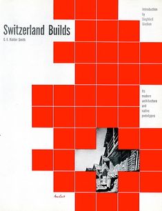 an old book with red squares on the front and back cover that reads switzerland buildings