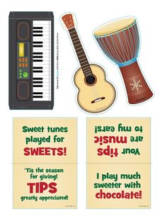 a set of four stickers with words and an image of a musical instrument on it