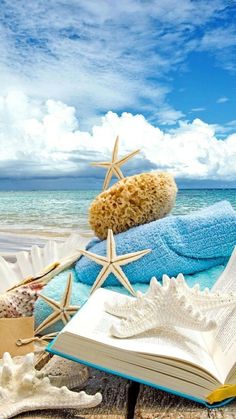 an open book sitting on top of a beach next to starfish and seashells