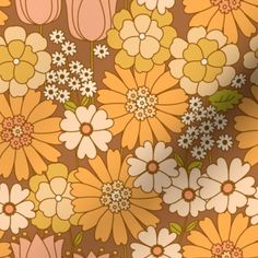 an orange and white flower pattern on a brown background with pink, yellow, and white flowers