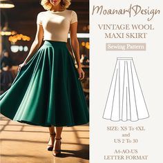 Our product is as follows: A full circle and long vintage skirt with a hidden zipper at the back and buttoned belt. Buy old and new models in our store at the best price! 👉https://moanartdesign.etsy.com  The amount of fabric required for the model is 5 meters.  You will need 1 zipper and button. Our model is suitable for all woven fabrics.  There is a seam allowance in our pattern. **US Sizes: 2, 4, 6, 8, 10, 12, 14, 16, 18, 20, 22, 24, 26, 28, 30 **Standard Sizes: XS, S, M, L, XL, 2XL, 3XL, 4X Full Circle Skirt Pattern Long, Cottage Core Skirt Pattern, Plaid Skirt Pattern, Wool Skirt Pattern, Long Vintage Skirt, Maxi Skirt Sewing Pattern, Long Skirt Pattern, Wool Maxi Skirt, Seam Allowance