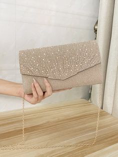 Glitter Rhinestone Decor Pleated Detail Flap Square BagI discovered amazing products on SHEIN.com, come check them out! Fancy Clutch Purse, Unique Clutch, Glitter Clutch, Party Handbags, Glitter Decor, Perfect Bride