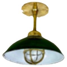 a green and white light hanging from a ceiling fixture with a gold colored metal frame