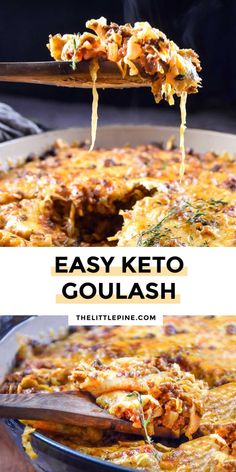 an easy keto goulash casserole is being lifted with a wooden spoon