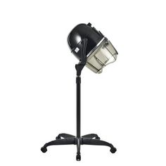 a black and white lamp on top of a metal tripod with an arm extended