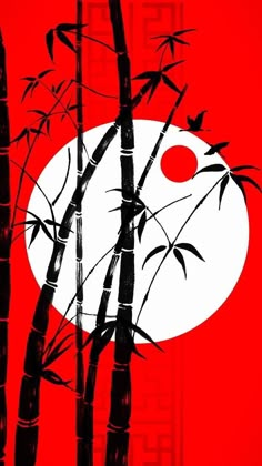 an image of bamboo trees with the moon in the sky behind them on a red background