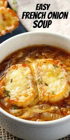 an easy french onion soup in a white bowl