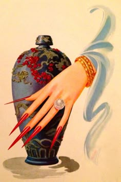 a painting of a woman's hand with red nails and ring on her finger