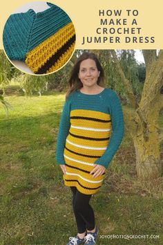 a woman standing in front of a tree wearing a yellow and black striped dress with the words, how to make a crochet jumper dress