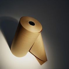 a roll of toilet paper sitting on top of a white counter next to a light