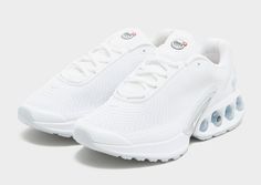 Step into the unreal with these women's Air Max Dn trainers from Nike. Landing in a crisp White colourway, these sneakers have a multilayered mesh upper for a lightweight and breathable feel, with a haptic print for a fast-paced look. They feature glossy accents and a tonal lace fastening, while sat above a plush foam midsole. Underfoot, the dual-pressure tubes make up the Dynamic Air unit system to shift the firmest pressure in the heel to the softest in the midfoot with each step. With a solid rubber outsole for grip, they're signed off with signature Nike Air Max branding. Glossy Accents, Nike Air Max White, White Nike Air, Air Max Women, White Nike, Fast Paced, Jd Sports, White Nikes, Air Max