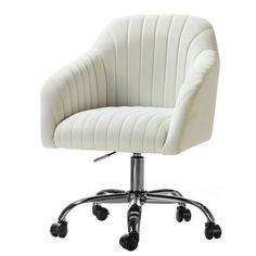 a white office chair with wheels and casteors on an isolated white background, viewed from the front