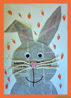 an easter bunny made out of newspaper strips with carrots on it's ears