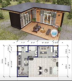 the plans for a tiny house are shown in two different views, one with an open floor