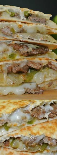 three quesadillas stacked on top of each other next to a green pepper