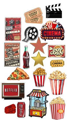 an assortment of movie related stickers including popcorn, soda, and film claps