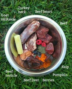 a bowl filled with meats and vegetables on top of green grass next to words describing different types of meat