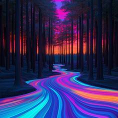 an image of a road going through the woods at night with colorful lines painted on it