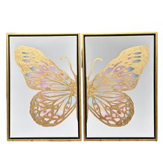 two framed pictures with gold and pink butterflies on the back one is cut out to look like a butterfly