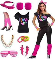 a woman is dressed up in pink and black with accessories including sunglasses, headbands, leg warmers and bracelets