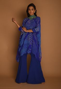 K-Anshika-Electric Blue Kaftan Top With Flared Pant-INDIASPOPUP.COM Desi Couture, Blue Kaftan, Choli Dress, Kaftan Top, Trouser Suit, Lehenga Wedding, Palazzo Pant, Kurti Design