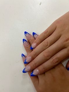 dark blue french tip gel x French Tips Royal Blue, Dark Blue Nails Tips, Black And Blue Hoco Nails, Hoco Nails For Royal Blue Dress, Blue White Tip Nails, Blue Glitter French Tip Nails Almond, Royal Blue Nails Round, Dark Blue French Tips Almond, Lapis Blue Nails