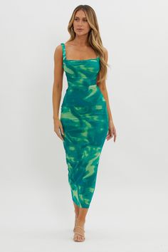 Dream Crush Lace-Up Back Side Split Maxi Dress Swirl Green by Selfie Leslie Tropical Cocktail Dress, Fitted Green Maxi Dress With Tropical Print, Green Strappy Beach Dress, Green Strappy Vacation Dress, Green Fitted Ruched Slip Dress, Fitted Green Dress With Abstract Print, Side Split Maxi Dress, Mesh Fashion, Green Maxi