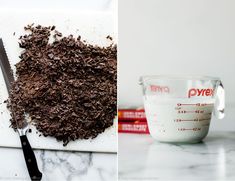 two pictures one shows chocolate and the other shows cocoa powder in a measuring cup with a spoon