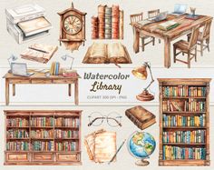 watercolor library clipart set with books, desks and other items for reading