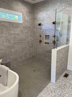 a bathroom with a walk in shower next to a bath tub