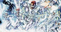 the silver surfers in their white suits are surrounded by lightning and other superhero characters